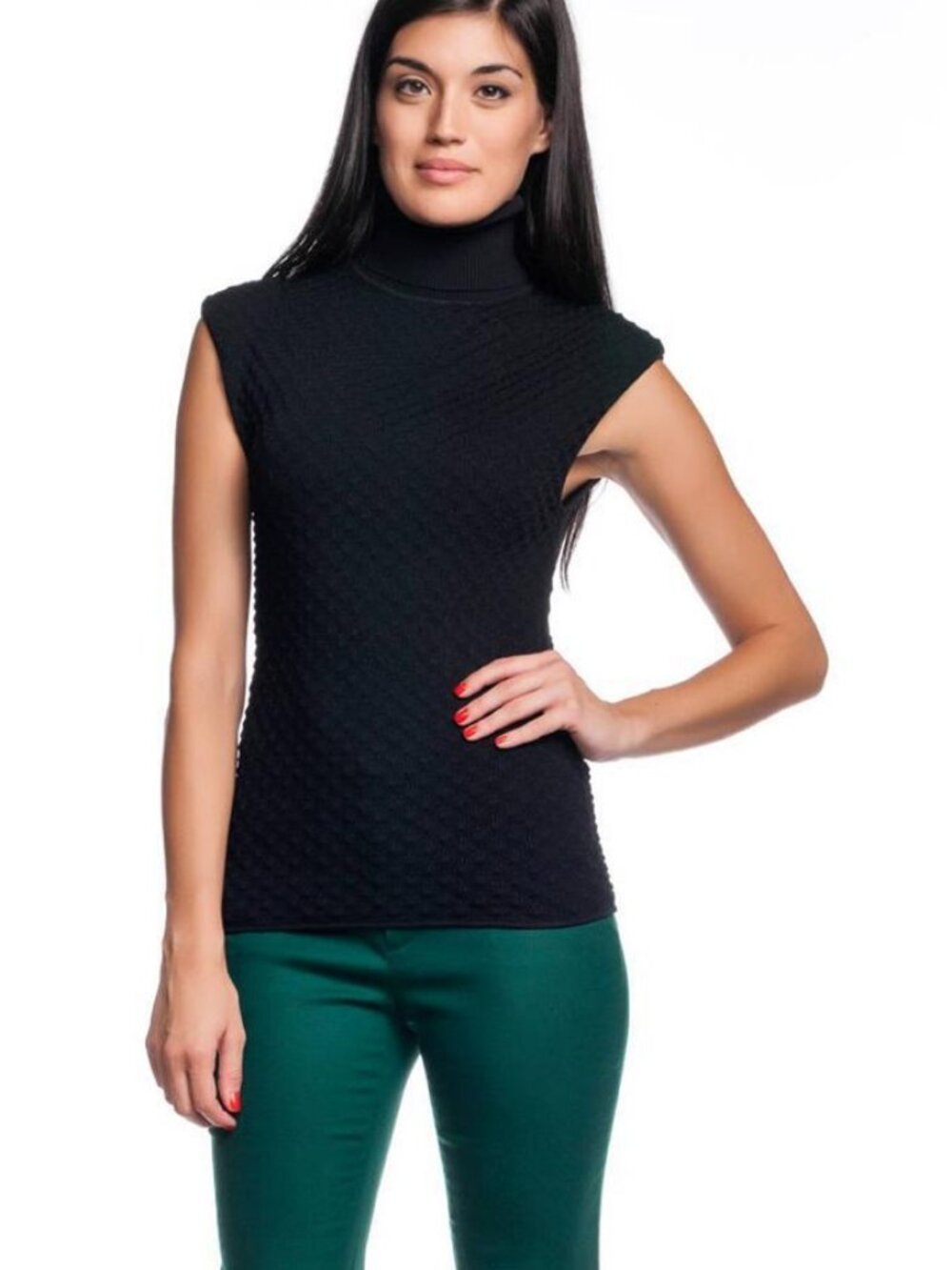 Catherine Malandrino 123TK13 Turtleneck Cap Sleeve Knit Top Noir Black NWT